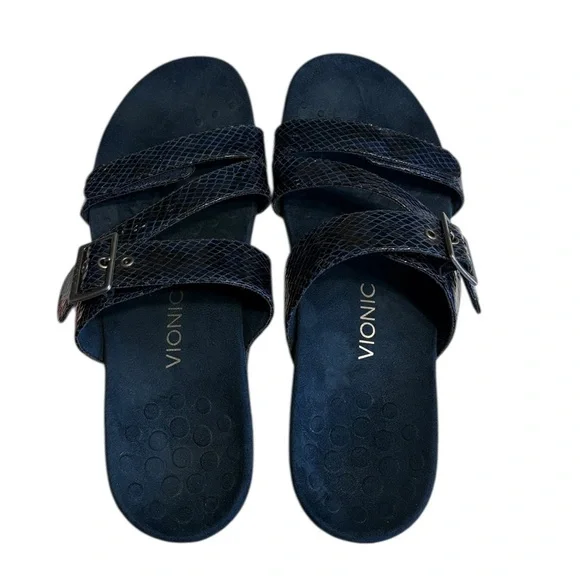 Vionic Skylar Adjustable Slide Orthotic Sandal 12 Blue Snake Embossed Comfort - Picture 4 of 10